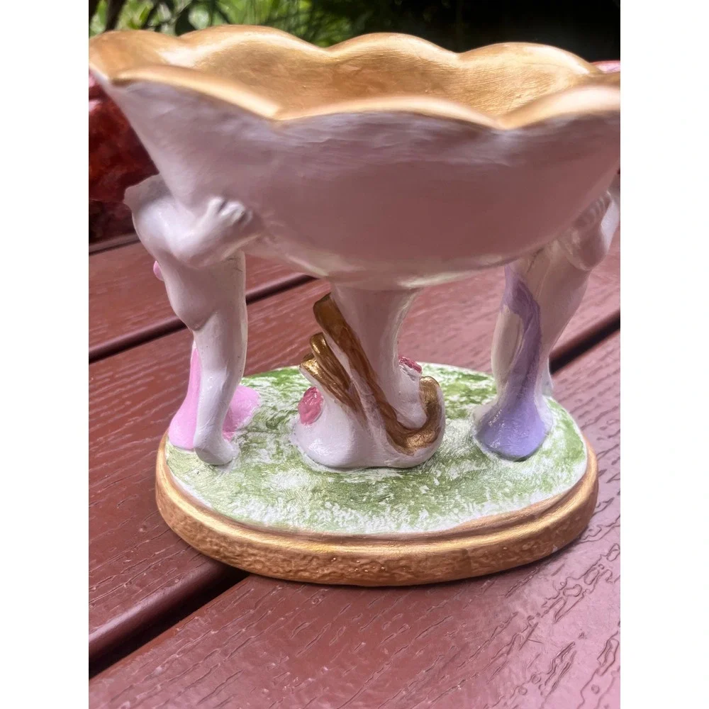 Vintage Style Hand Painted Ceramic Cherub Compote Trinket Bowl Gold Pink Roses
